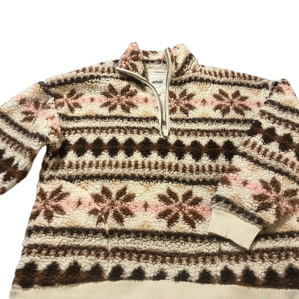 Aerie Women's Zip Up Sweater in Brown, Cream, and Pink
